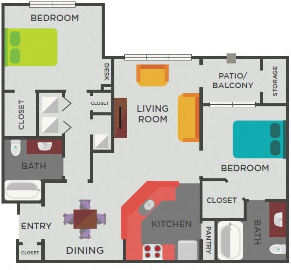 Floor plan for 2 beds, 2 baths, 1106 sqft